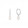 14KT White Gold Pearl Drop And White Sapphire Huggie Hoop Earrings