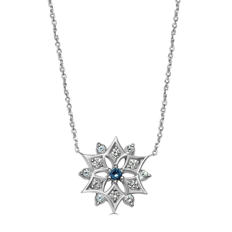 14KW Snow Flake Necklace with Diamonds and Aquamarine