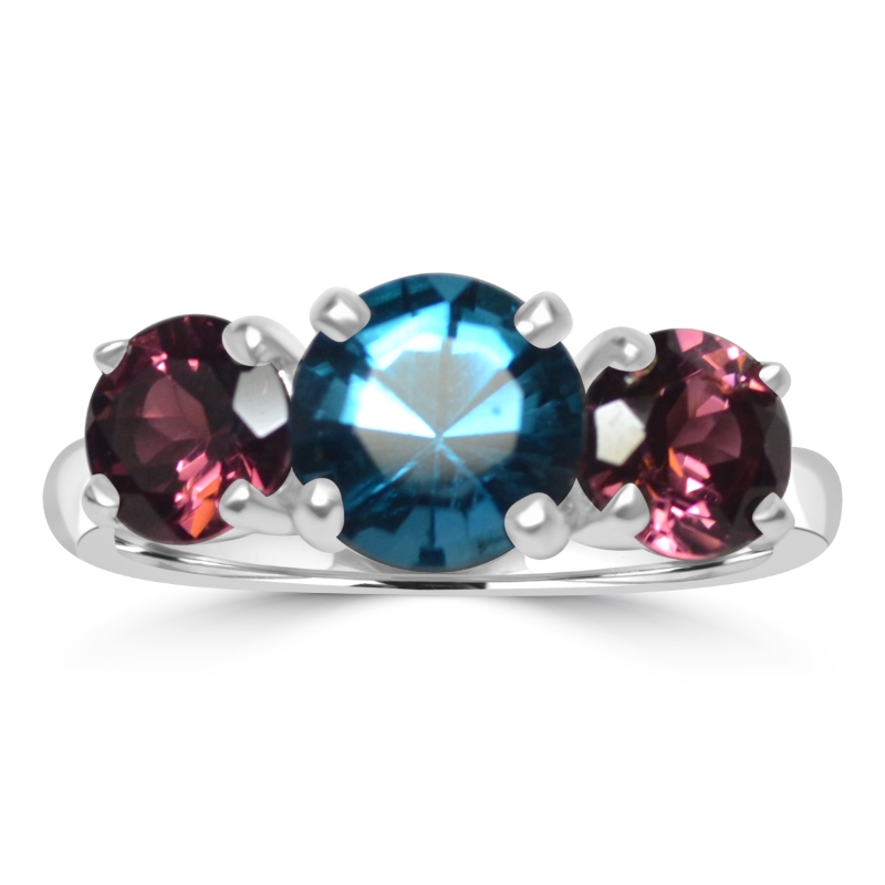 14KW 3 Stone Ring with Blue Topaz and Pink Tourmalines