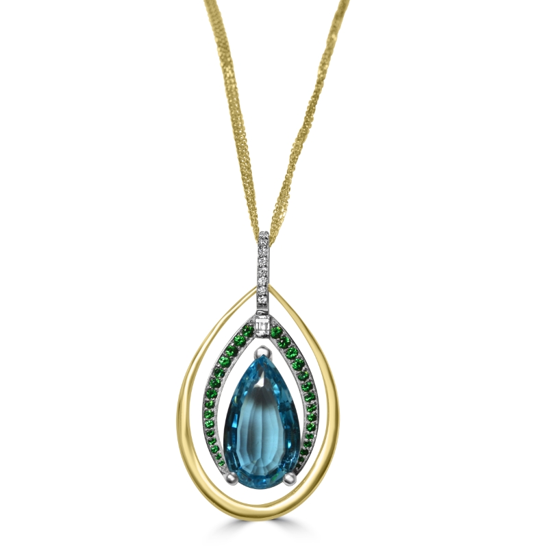 14KTT Blue Topaz, Tsavorite and Diamond Necklace