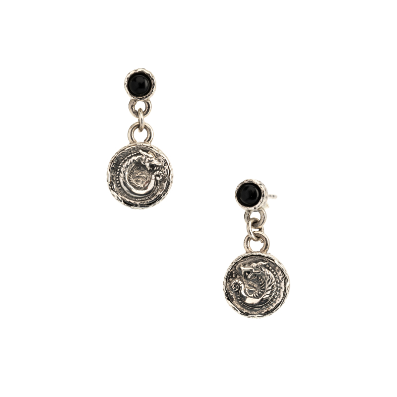 Sterling Silver Oxidized Onyx Dragon Spirit Coin Earrings