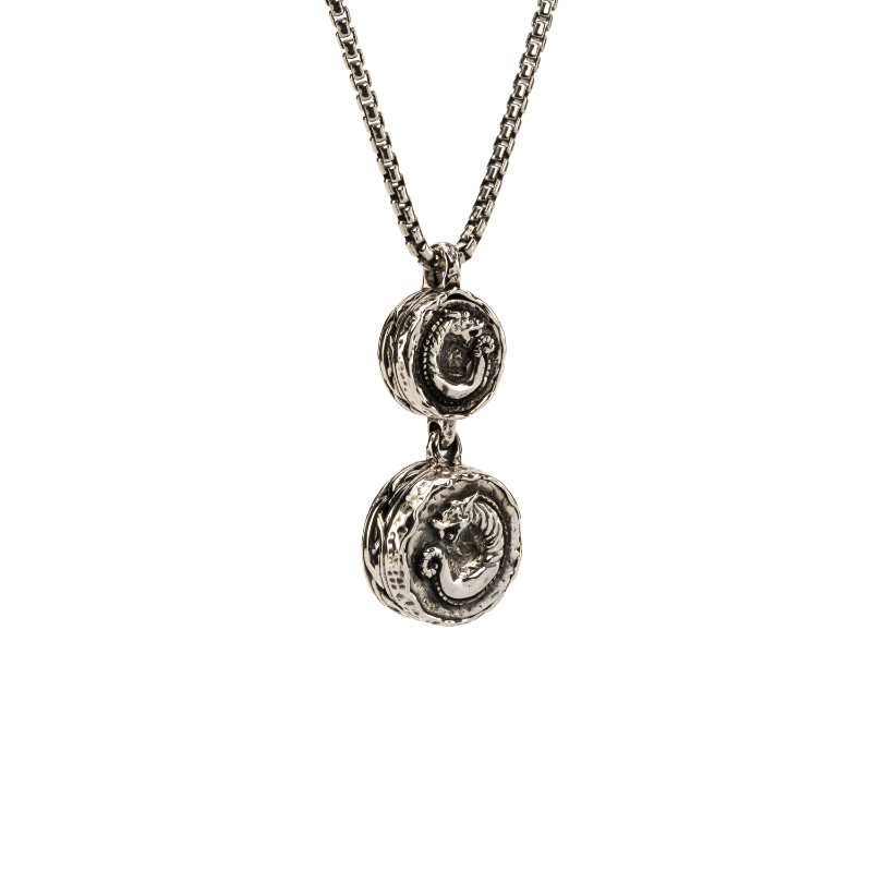Sterling Silver Oxidized Double Dragon Spirit Coin Pendant