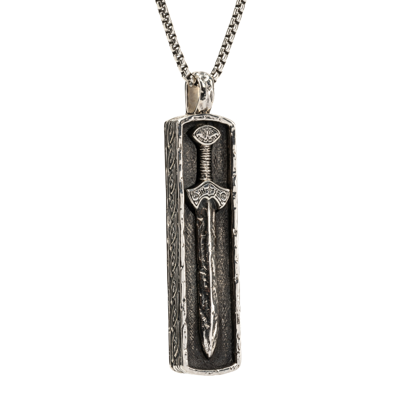 Sterling Silver Oxidized Large Framed Viking Sword Pendant