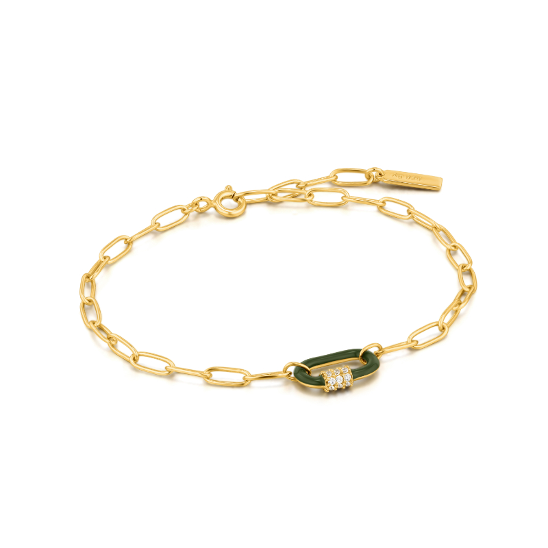 FOREST GREEN ENAMEL CARABINER GOLD BRACELET