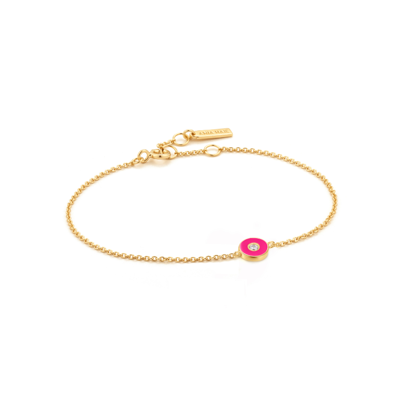 Neon Pink Enamel Disc Gold Bracelet