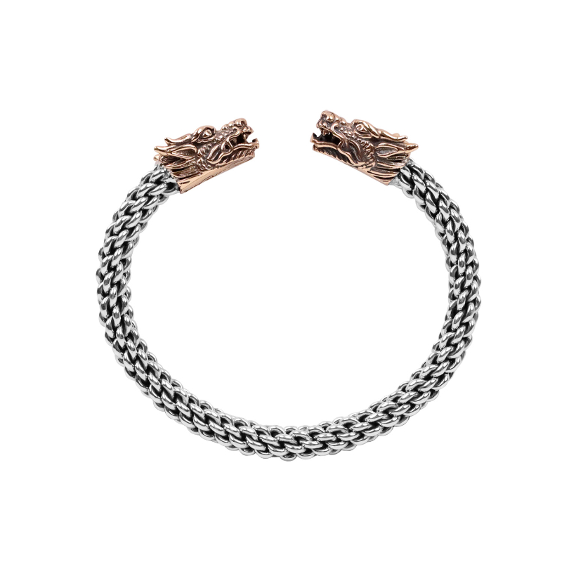 Sterling Silver Oxidized Bronze Flexible Double Dragon Head Torc Bangle