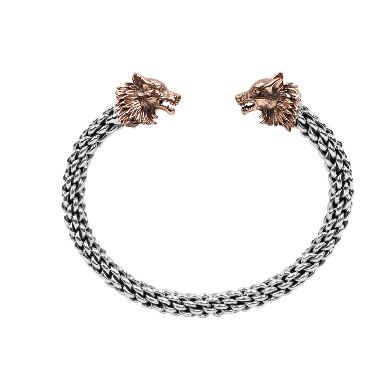 Sterling Silver Oxidized Bronze Flexible Double Wolf Head Torc Bangle