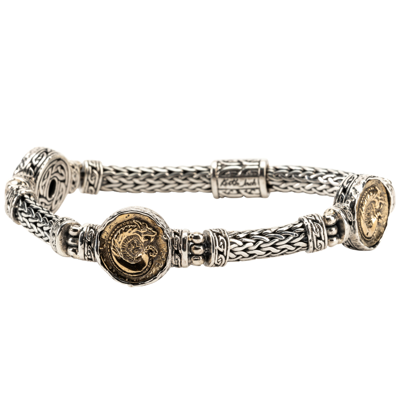 Sterling Silver Oxidized Bronze Dragon Spirit Coin Woven Bracelet