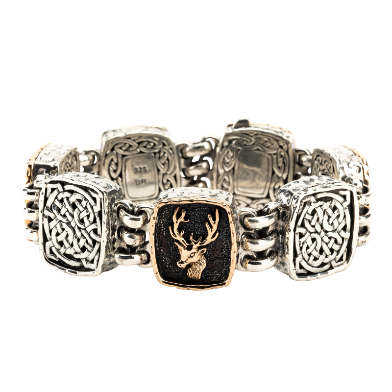 Sterling Silver Oxidized Bronze Stag and Celtic Knotwork Link Bracelet