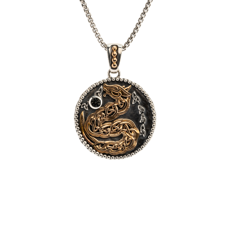 Sterling Silver Oxidized Bronze with Black CZ Medallion Dragon Pendant