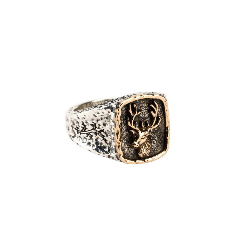 Sterling Silver Oxidized Bronze Large Stag and Thistle Ring
