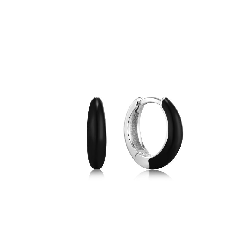 RAVEN BLACK ENAMEL SILVER SLEEK HUGGIE HOOP EARRINGS