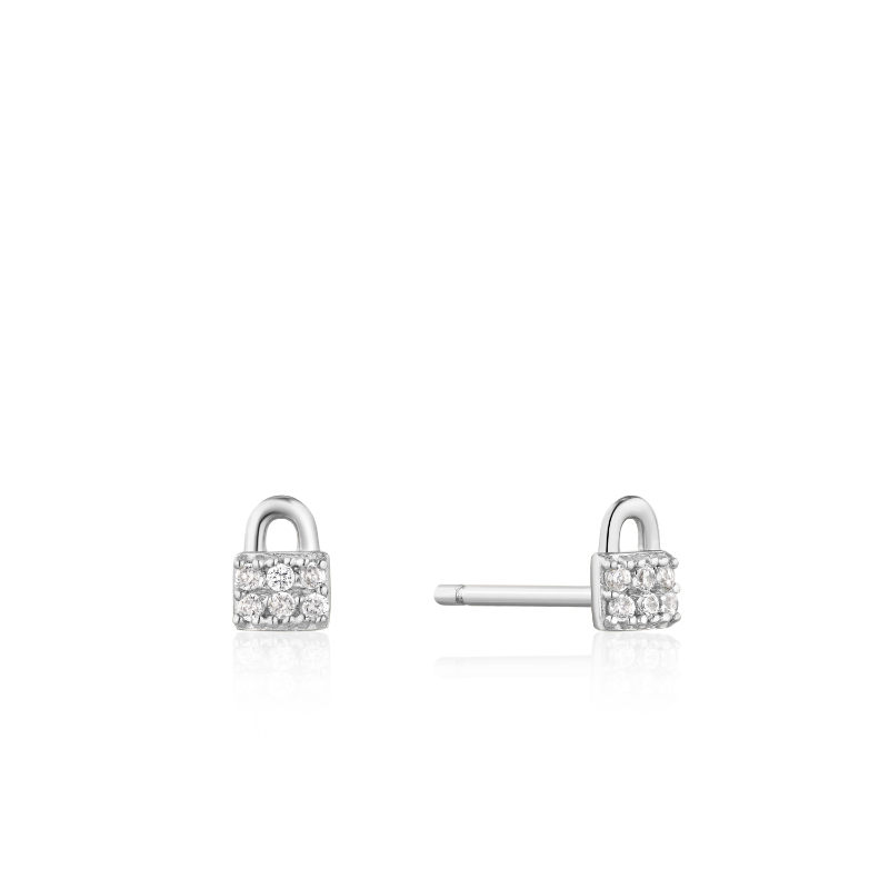 Silver Padlock Sparkle Stud Earrings