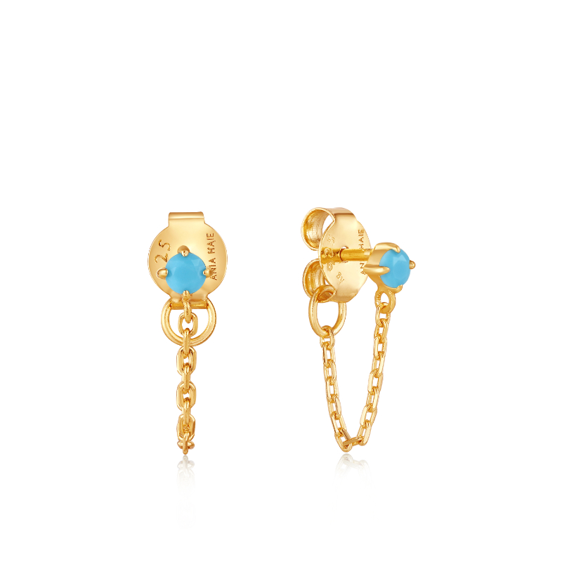 GOLD TURQUOISE CHAIN DROP STUD EARRINGS