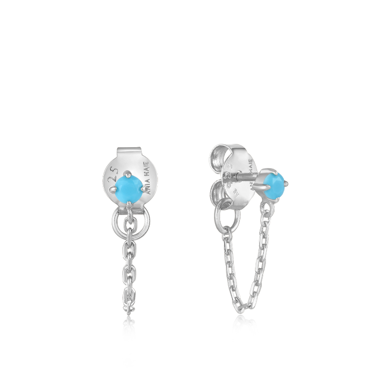 SILVER TURQUOISE CHAIN DROP STUD EARRINGS