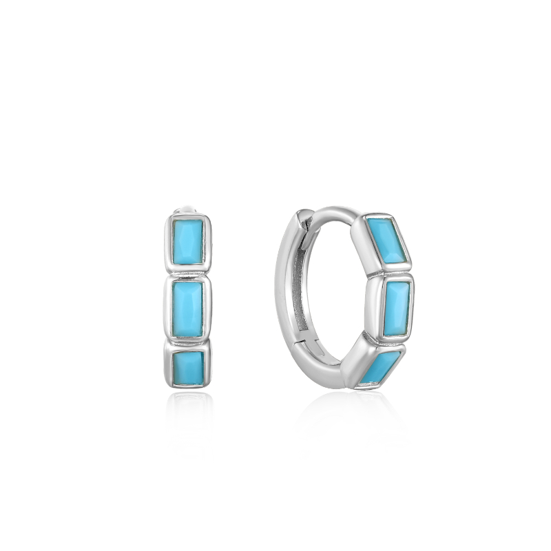 SILVER TURQUOISE HUGGIE HOOP EARRINGS