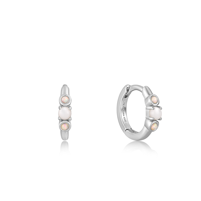 SILVER MOTHER OF PEARL AND KYOTO OPAL HUGGIE HOOP EARRINGS