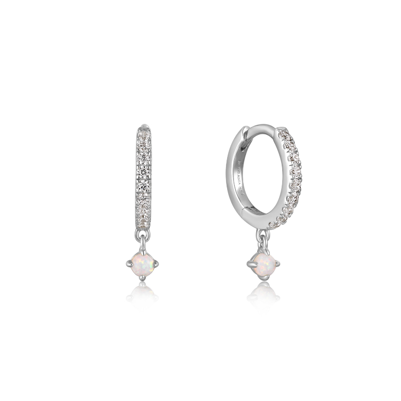 SILVER SPARKLE KYOTO OPAL DROP HUGGIE HOOP EARRINGS