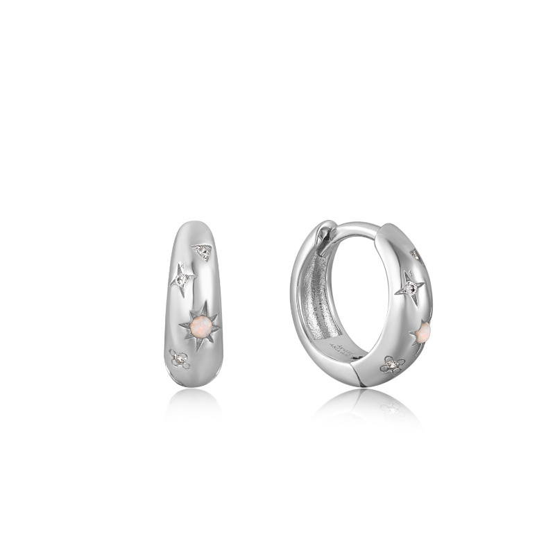 SILVER STARRY KYOTO OPAL HUGGIE HOOP EARRINGS