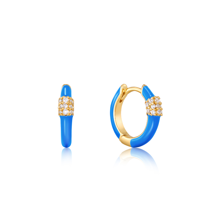 Neon Blue Enamel Carabiner Gold Huggie Hoop Earrings