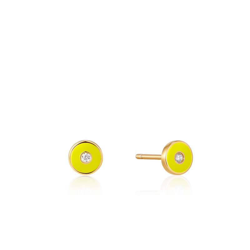 Neon Yellow Enamel Disc Gold Stud Earrings