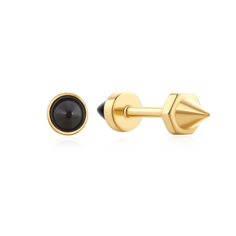 Gold Black Agate Point Barbell Single Earring