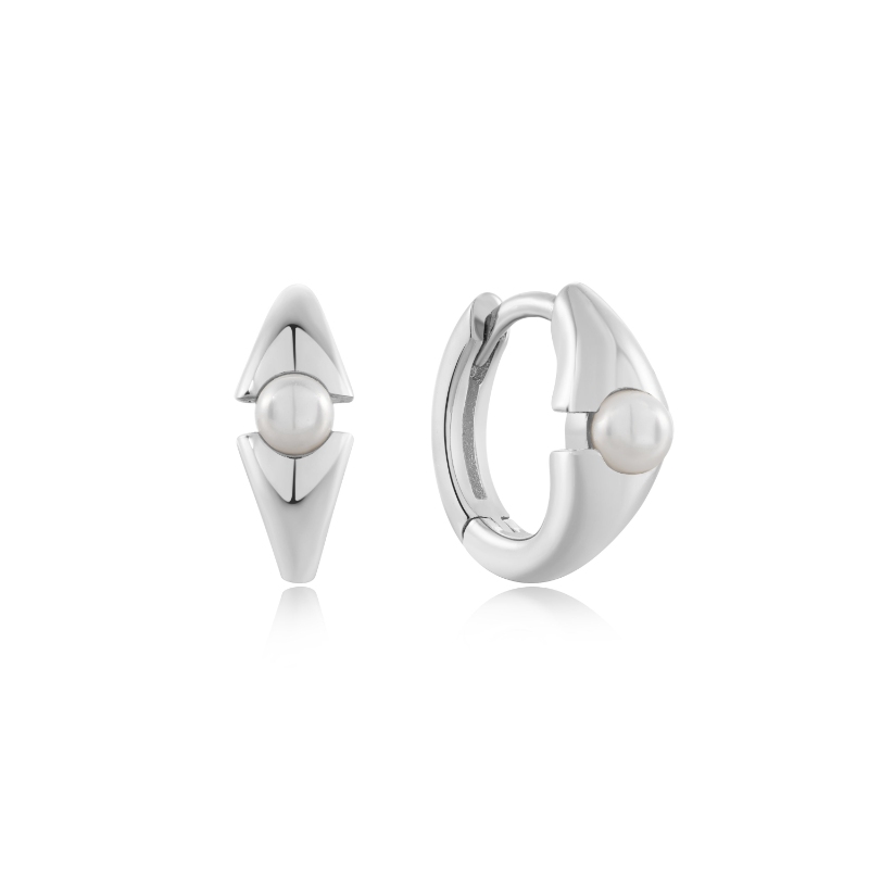 Silver Shell Pearl Geometric Huggie Hoop Earrings