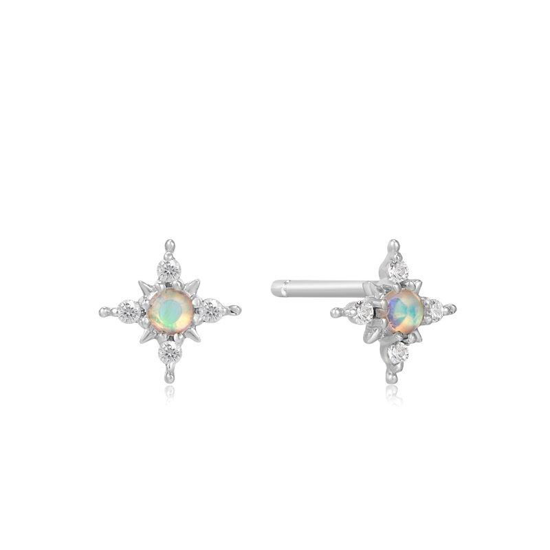 14KT WHITE GOLD OPAL AND WHITE SAPPHIRE STAR STUD EARRINGS