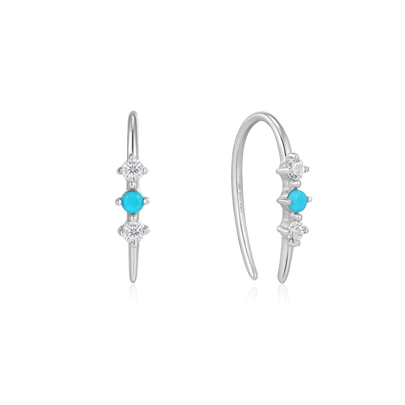 14KT WHITE GOLD TURQUOISE CABOCHON AND WHITE SAPPHIRE HOOK EARRINGS