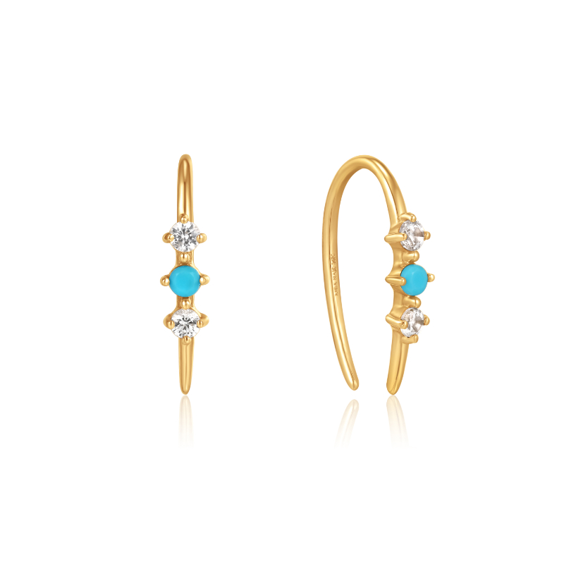 14KT GOLD TURQUOISE CABOCHON AND WHITE SAPPHIRE HOOK EARRINGS