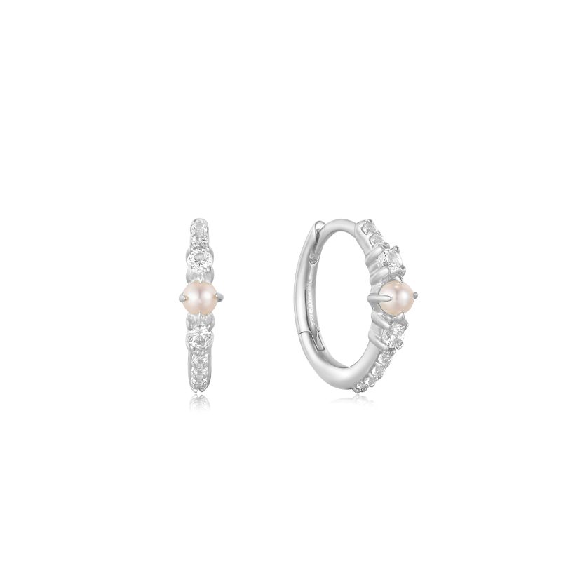 14KT White Gold Pearl And White Sapphire Huggie Hoop Earrings