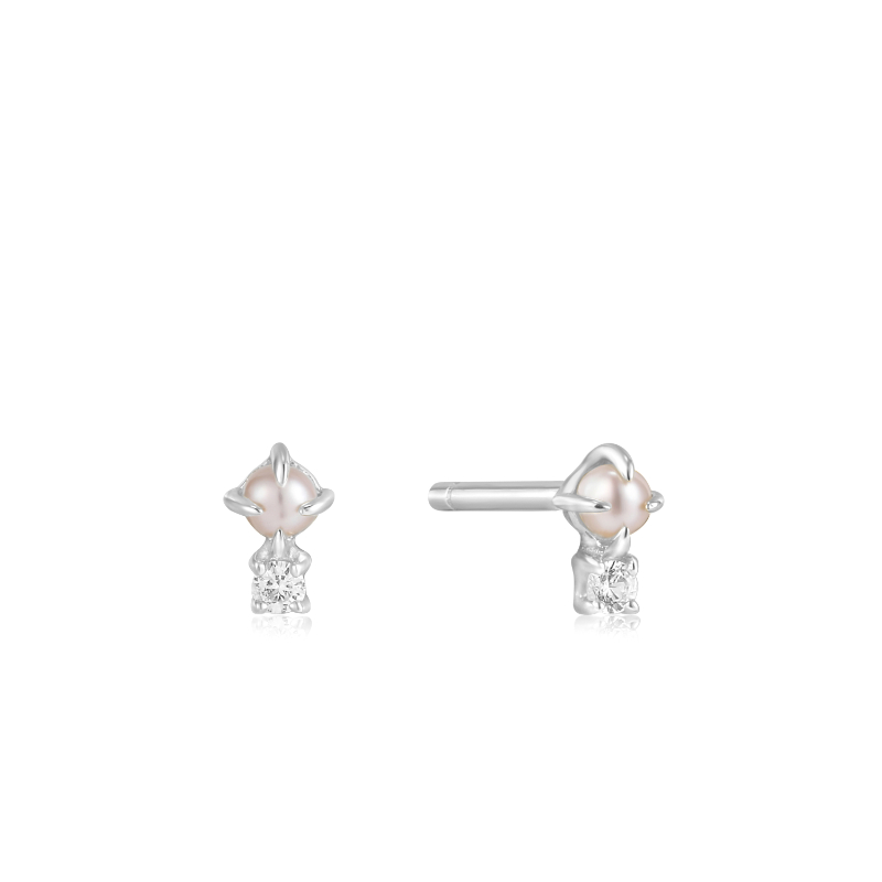 14KT White Gold Pearl And White Sapphire Stud Earrings