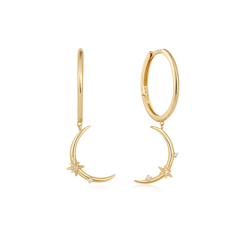 14kt Gold Diamond Moon Hoop Earrings