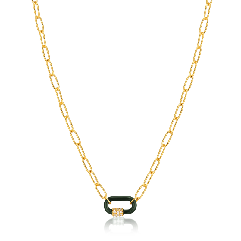 FOREST GREEN ENAMEL CARABINER GOLD NECKLACE