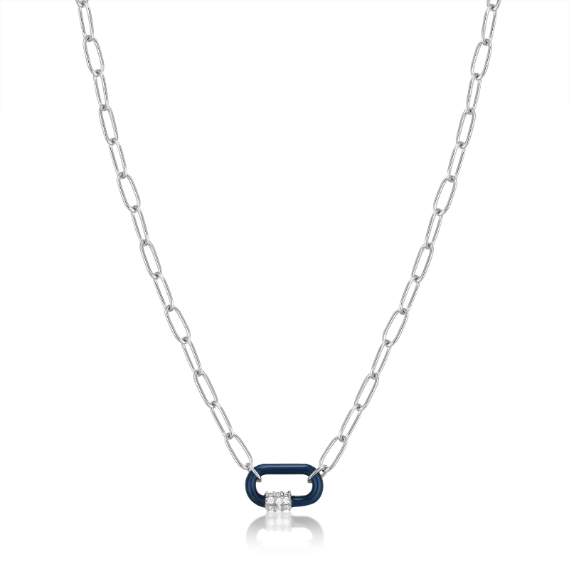 NAVY BLUE ENAMEL CARABINER SILVER NECKLACE