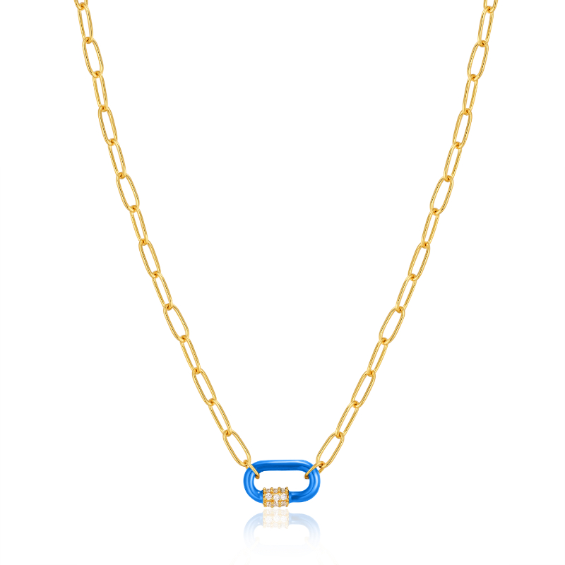 Neon Blue Enamel Carabiner Gold Necklace