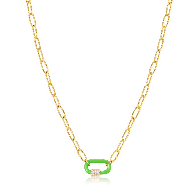 Neon Green Enamel Carabiner Gold Necklace