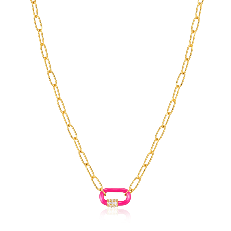 Neon Pink Enamel Carabiner Gold Necklace