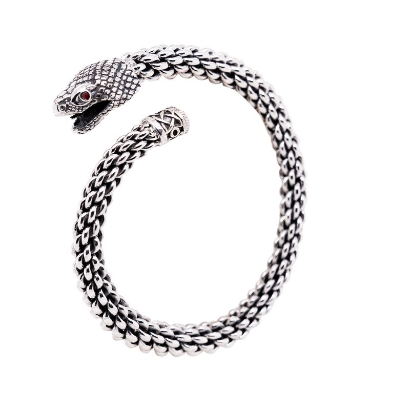 Sterling Silver Oxidized Red CZ Flexible Serpent Head Cuff