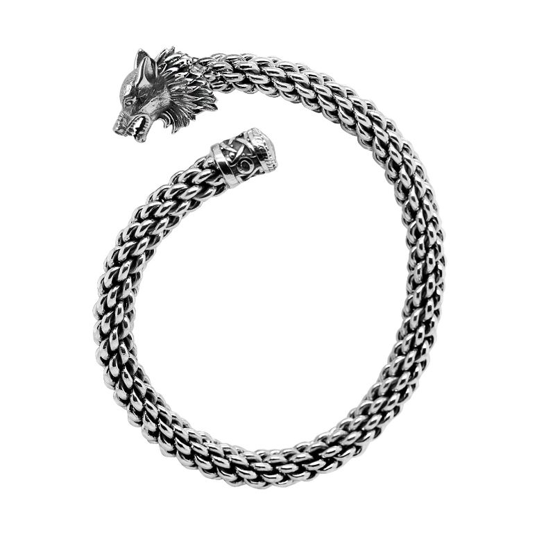 Sterling Silver Oxidized Flexible Wolf Head Cuff