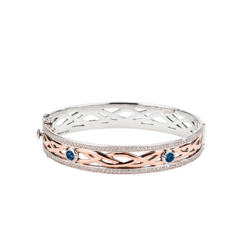 Sterling Silver Oxidized 10k Rose with White and Blue CZ Brave Heart Bangle Large