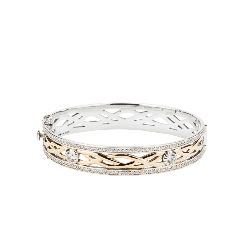 Sterling Silver Oxidized 10k Yellow CZ Brave Heart Bangle