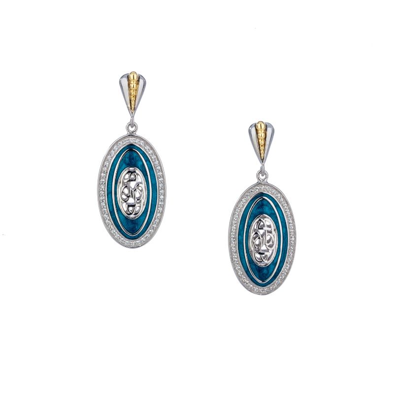 Sterling Silver 10k Sky Blue Enamel and White CZ Path Of Life Earrings