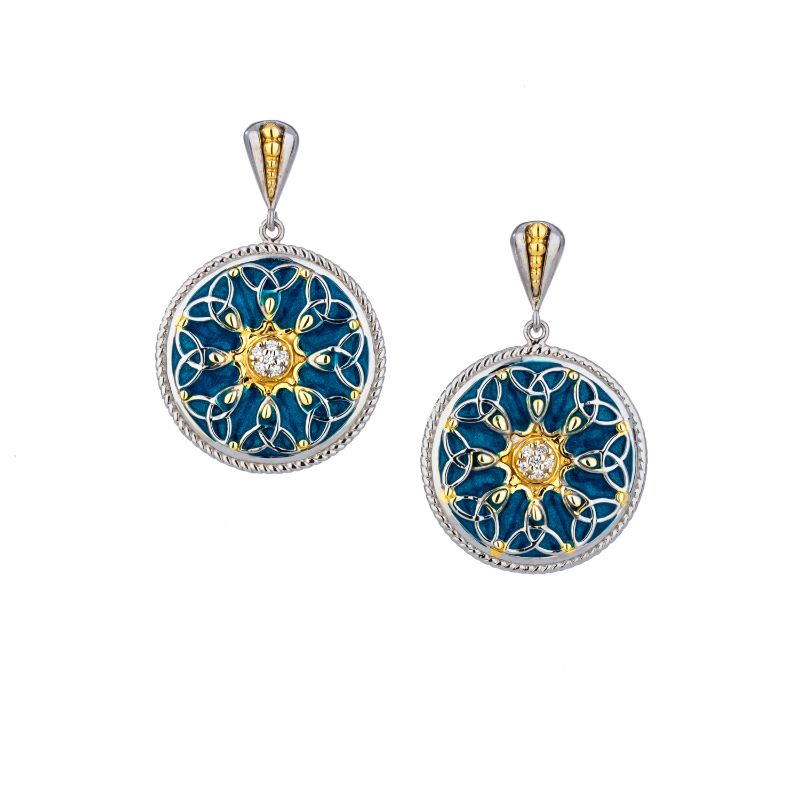 Sterling Silver 10k Yellow Sky Blue Enamel and CZ Trinity Earrings