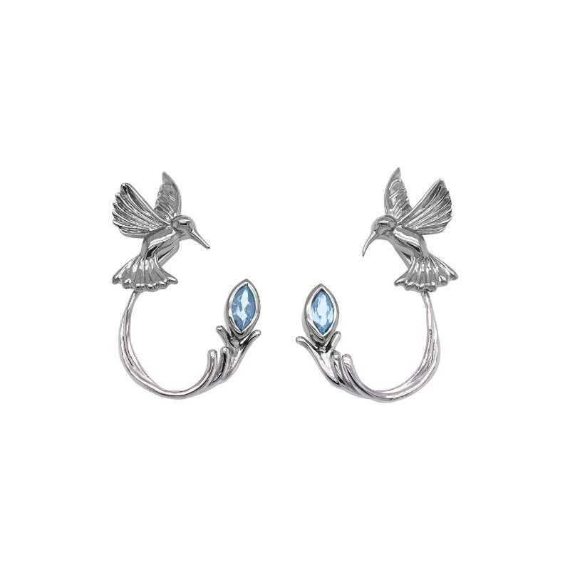 Sterling Silver Rhodium Hummingbird Stud Blue Topaz Earring Jacket