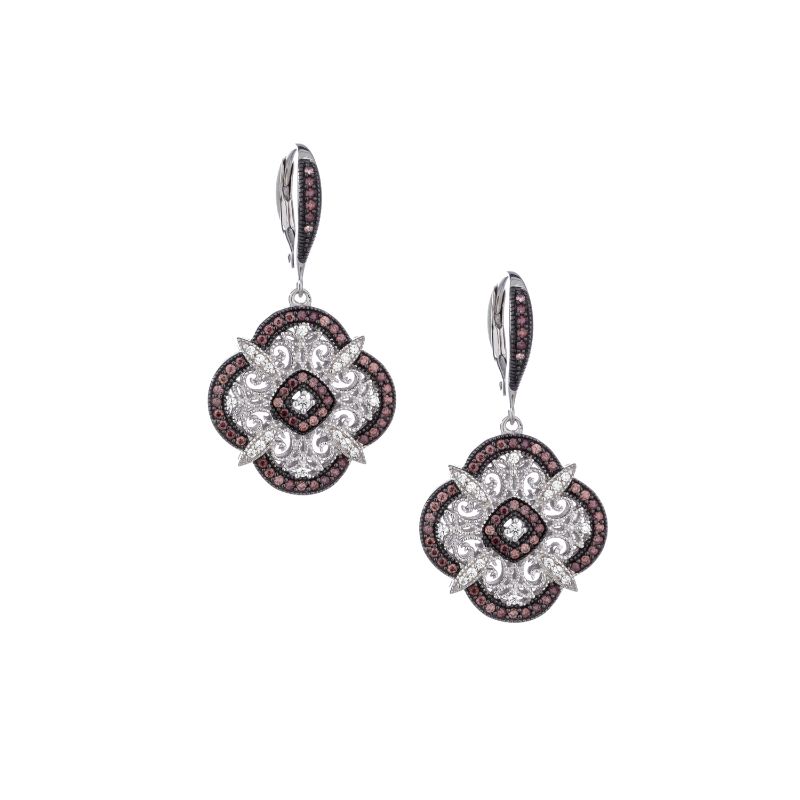 Sterling Silver Rhodium CZ Night & Day Scalloped Leverback Earrings