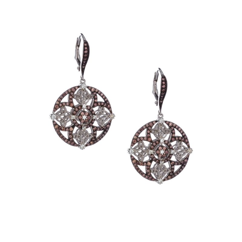 Sterling Silver Rhodium CZ Night & Day Round Leverback Earrings