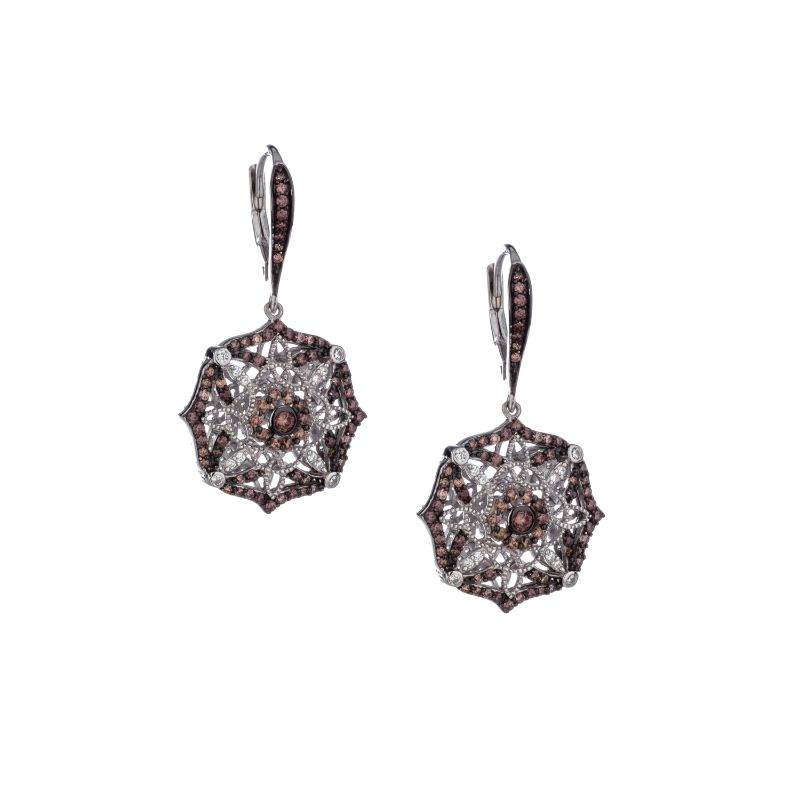 Sterling Silver Rhodium CZ Night & Day Scalloped Leverback Earrings