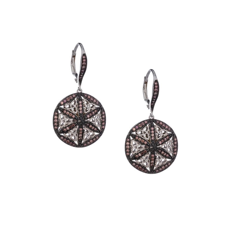 Sterling Silver Rhodium CZ Night & Day Round Leverback Earrings