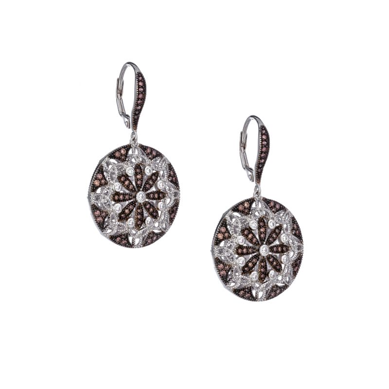 Sterling Silver Rhodium  CZ Night & Day Round Leverback Earrings
